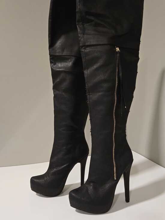 JustFab Shoes - Ballantine Black Over-the-Knee Platform Stiletto Boots with Gold Zip